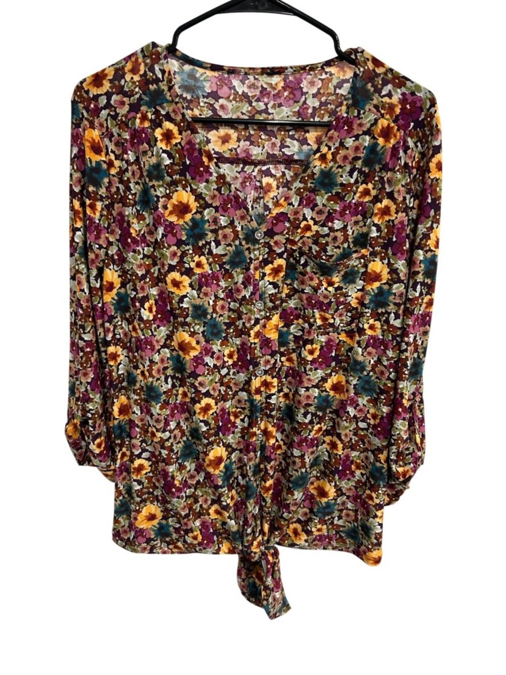 Womens Floral Print Button-Down 3/4 Sleeves Tie Front V-Neck Blouse Top Breezy